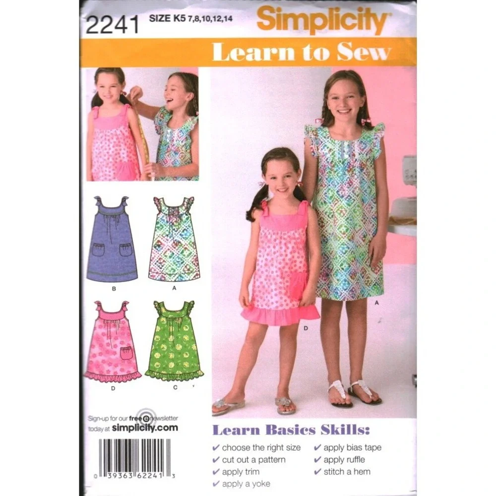 Simplicity 2241 Learn to Sew Girls Dress Pattern Size K5 7-14 Ruffle Pocket Tie